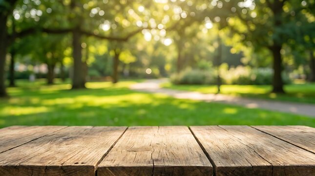 Warm sunlight filters through lush green trees onto empty rustic wooden picnic table in beautiful park with blurred background of path and foliage.