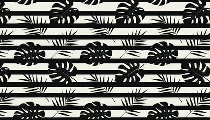 Monstera leaves and palm fronds repeating pattern on horizontal stripes © Sadhin07