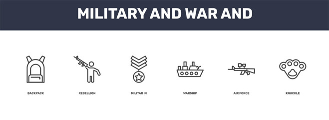 Fototapeta premium military and war and icon set with backpack, rebellion, air force, knuckle signs in flat outline style