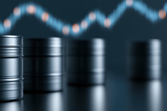 Energy market volatility represented by abstract oil barrels and fluctuating charts, financial concept art