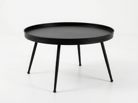 Black round metal coffee table with tray top and splayed legs isolated on white background