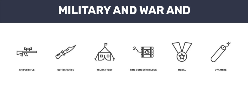 military and war and icon set with sniper rifle, combat knife, medal, dynamite signs in flat outline style