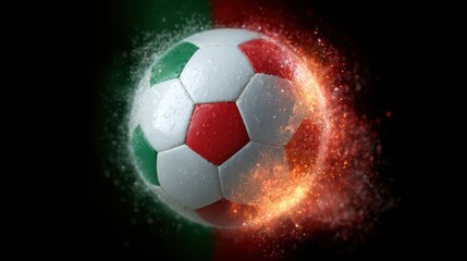 Naklejka premium Portugal national football team wallpaper, banner, poster, background. Portugal flag and soccer ball with abstract light explosion representing energy and passion, dynamic sports composition