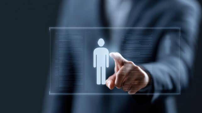 HR manager analyzing candidate profiles through a holographic recruitment dashboard with competency scoring and talent insights