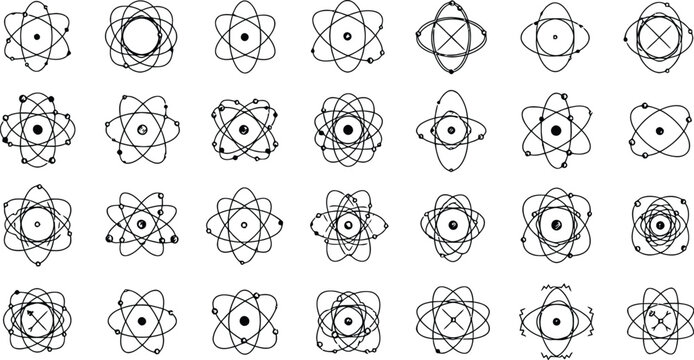 Atomic structure collection diverse black and white illustrations of electron orbitals and nuclei