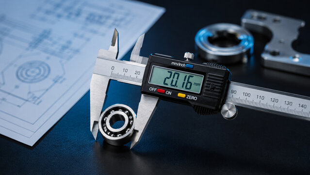 Digital vernier caliper measuring a metal ball bearing on a workshop desk.
