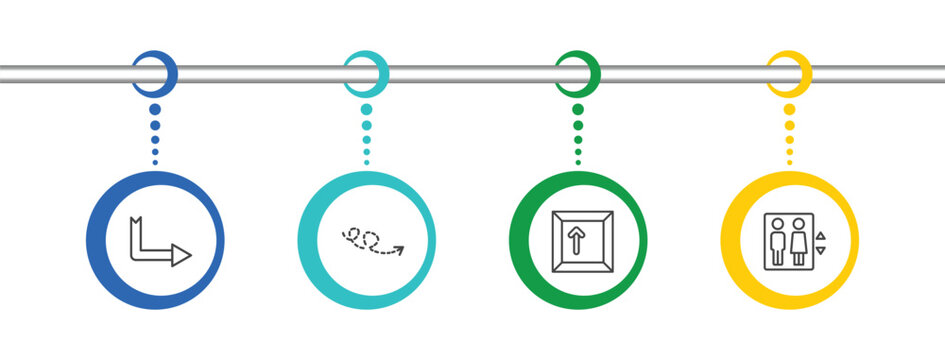 user interface icon set with down right arrow, curly dotted arrow, key up, lift signs in flat outline style