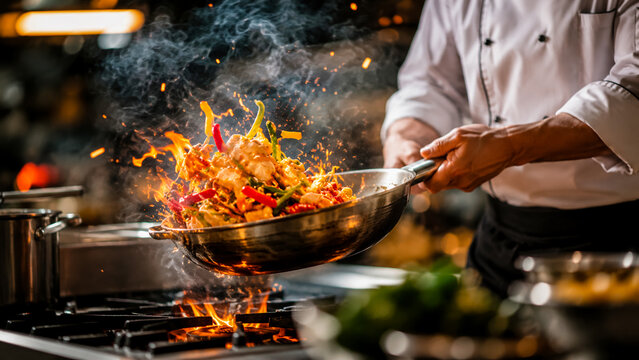 Professional chef cooking a dynamic stir fry with flames in a kitchen.