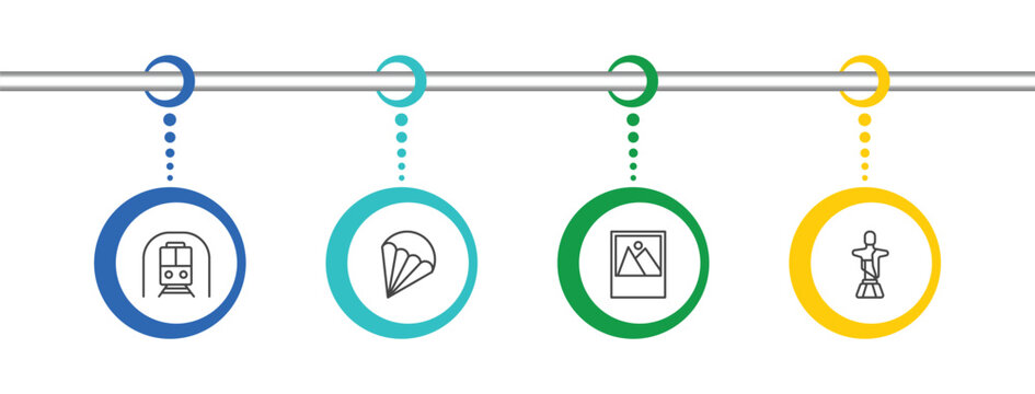 travel and trip icon set with station, parasailing, , christ signs in flat outline style