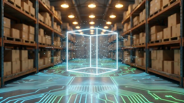futuristic warehouse with digital cube and circuit board hologram representing supply chain management and logistics technology innovation.