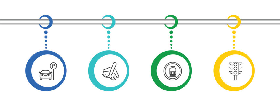 transportation icon set with car parking, flights, tram stop label, semaphore signs in flat outline style