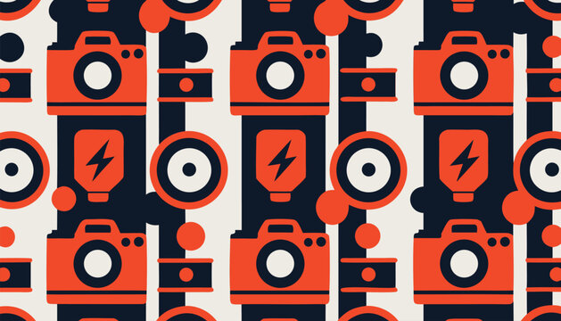 Seamless pattern of retro cameras, flashes, and film rolls in orange and blue on light background