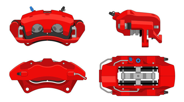 Brake caliper automotive braking component with front side rear and top views vector illustration