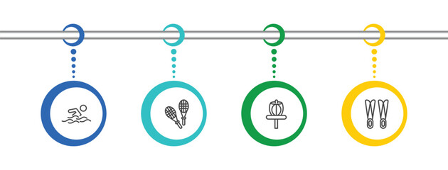 summer icon set with swimming person, rackets, disc golf, flippers signs in flat outline style © Abstract