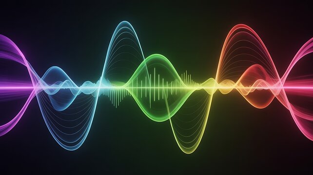Scientifically shaped audio spectrum voice recording. Abstract neon music background. Multicolored sound waves black background. Digital color audio waveform rainbow colors endlessly rotates flowing. 