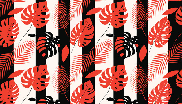Seamless pattern with red and black tropical leaves on a background of contrasting black and white vertical stripes