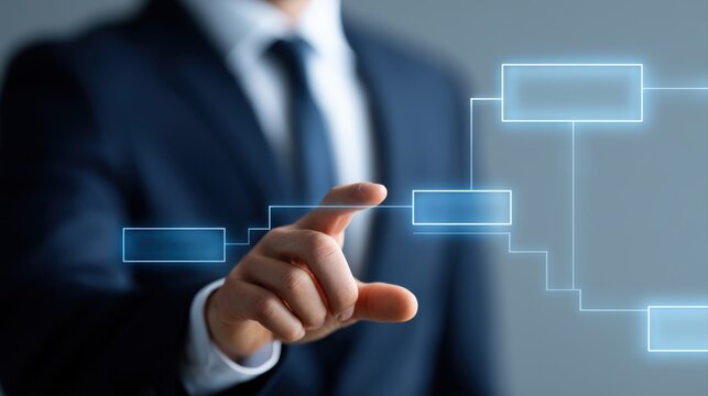 Business professional optimizing operational efficiency through a holographic workflow automation dashboard with task dependencies and approval chains