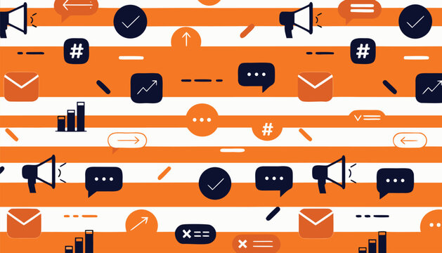 Seamless pattern with social media and communication icons on orange and white stripes