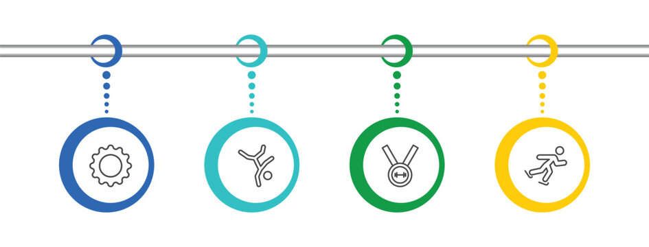 sport and game icon set with equipment, breakdance, weight lifting medal, skating signs in flat outline style