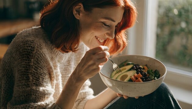 A young woman with red hair smiling while eating a healthy salad from a bowl by a window