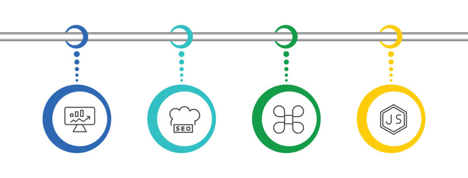 information technology icon set with seo monitoring, seo cloud, command, js signs in flat outline style
