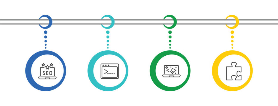 information technology icon set with seo reputation, code terminal, clean code, addon signs in flat outline style