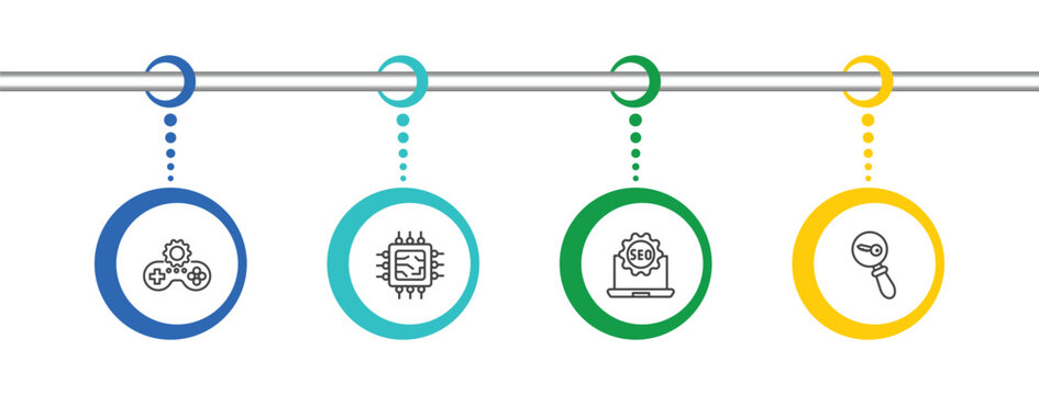 information technology icon set with game development, hardware, seo badge, seo keywords signs in flat outline style
