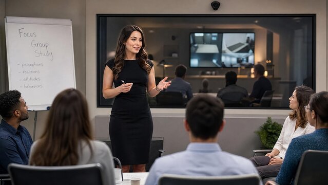Professional Female Moderator Leading Focus Group Study for Market Research Insights