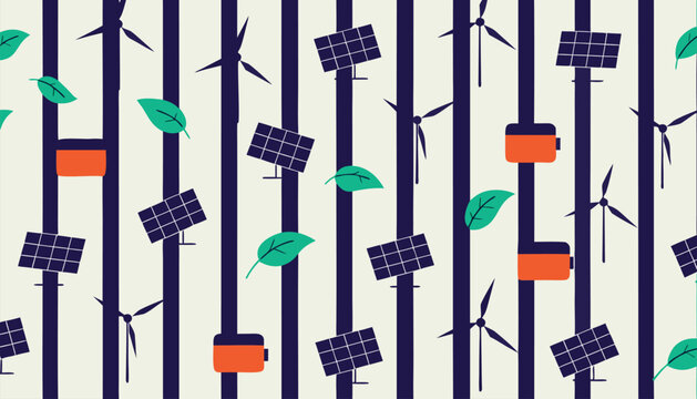 Sustainable energy concept seamless pattern with wind turbines solar panels and batteries on striped background