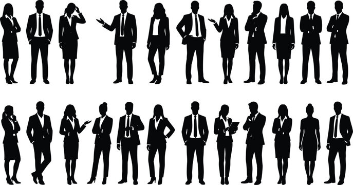 Business professional silhouettes vector illustration with diverse poses, teamwork, and corporate workplace communication design