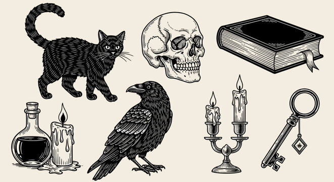 Halloween icons, black vector illustrations, spooky symbols, creepy creatures