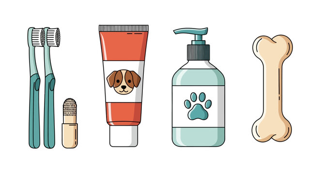 Pet grooming tools, dog care accessories, paw print bottle, toothbrush, toothpaste, dog bone