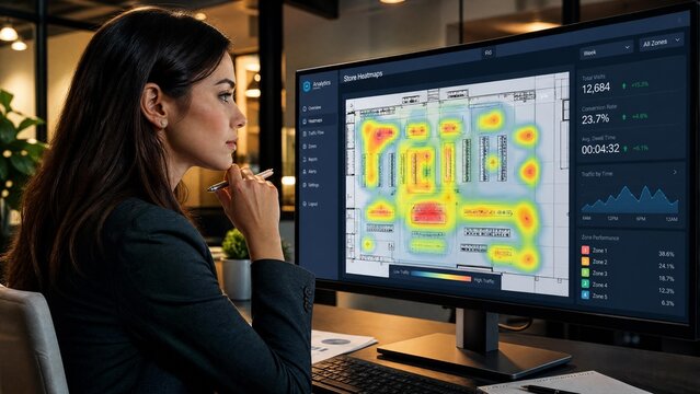 Professional Businesswoman Analyzing Retail Store Heatmap Analytics on Large Computer Monitor in Modern Office