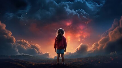 Obraz premium Little Girl Watching Dramatic Fiery Sky
