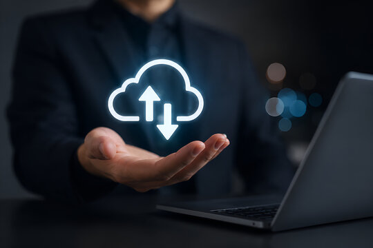 Businessman presenting cloud computing technology with upload and download symbols, representing secure data storage, cloud infrastructure, file synchronization.