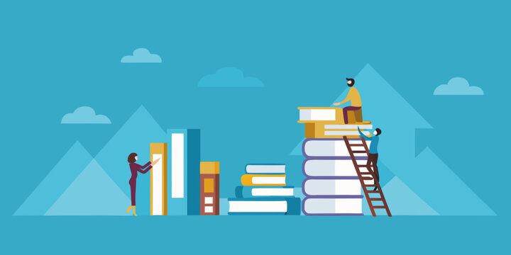 People Climbing Stacks Of Books A Flat Vector Illustration
