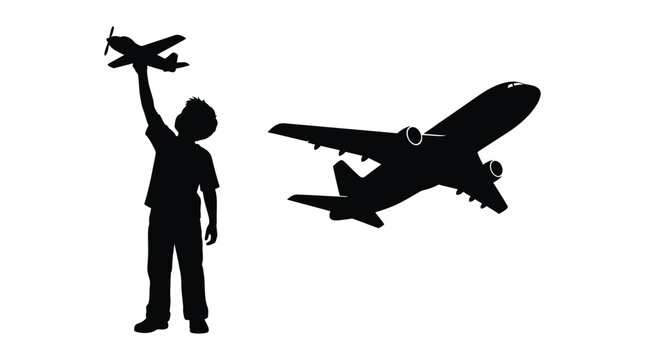 Boy With Toy Airplane And Jet Plane Silhouette