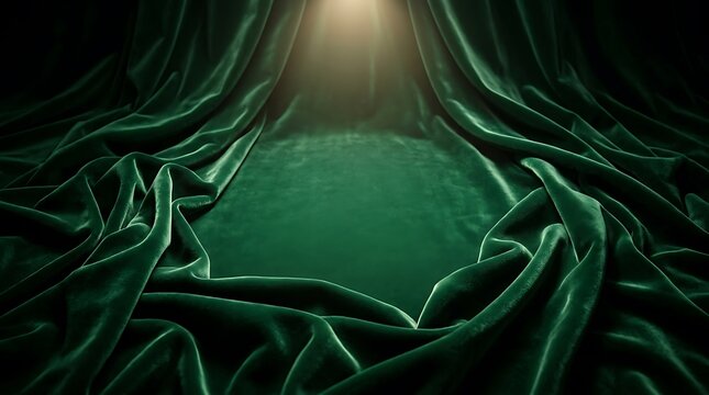 Abstract green silk fabric flowing with soft lighting effects on a dark background for luxury design