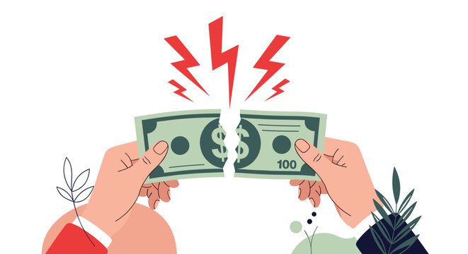 Two hands tearing a hundred dollar bill in half with red lightning symbols indicating financial trouble.