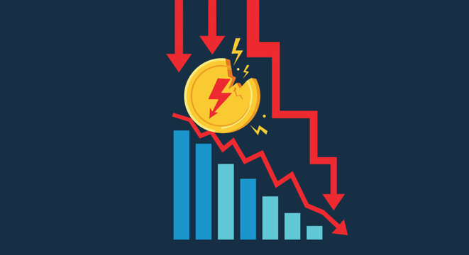 Financial graph showing a downward trend with a cracked gold coin and multiple red descending arrows.