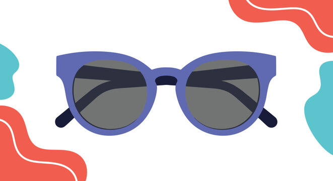 Stylish pair of purple framed sunglasses with dark lenses set against a white and colorful abstract background.