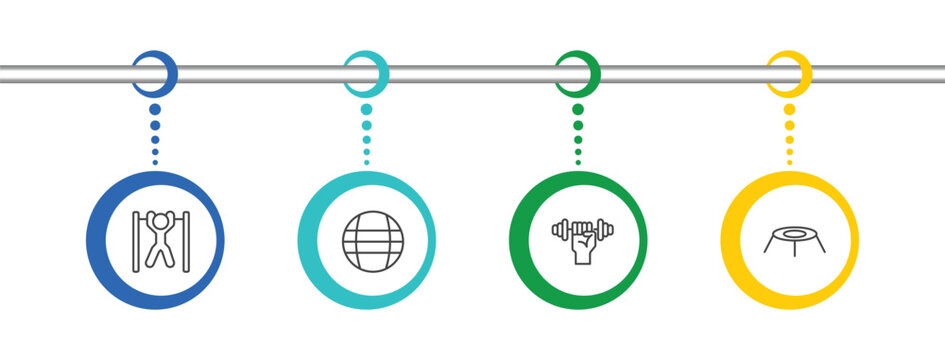 fitness and gym icon set with bar exercising, power ball, dumbbells exercise, trampoline signs in flat outline style