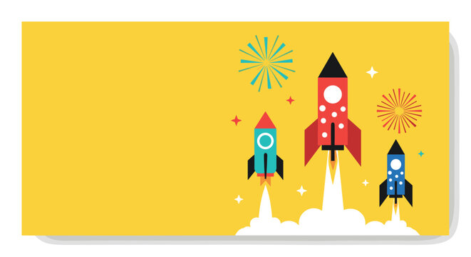 Group of three colorful stylized rockets launches into space with white smoke clouds against a bright yellow background with fireworks.