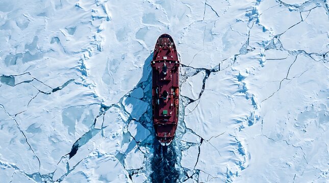 Aerial view of powerful red icebreaker ship cutting through thick arctic sea ice creating path for maritime navigation in cold frozen wilderness during northern polar winter expedition.
