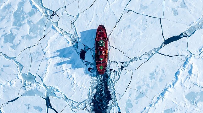 Aerial view of powerful red icebreaker ship cutting through thick arctic sea ice creating path for maritime navigation in cold frozen wilderness during northern polar winter expedition.