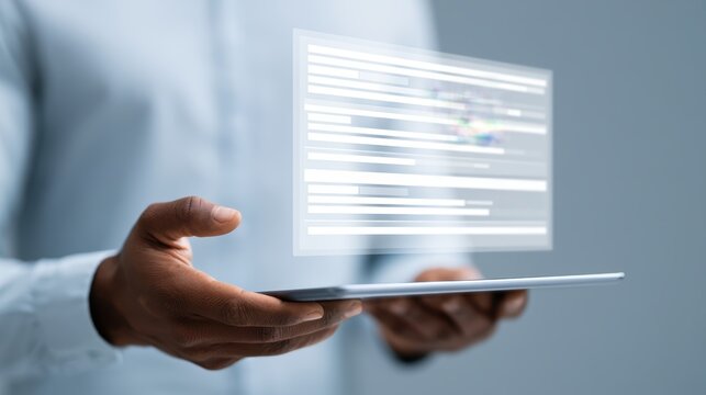 Professional reviewing a holographic document management interface above a tablet screen, tracking approval stages, outstanding action items, and automated workflow progress for digital operations
