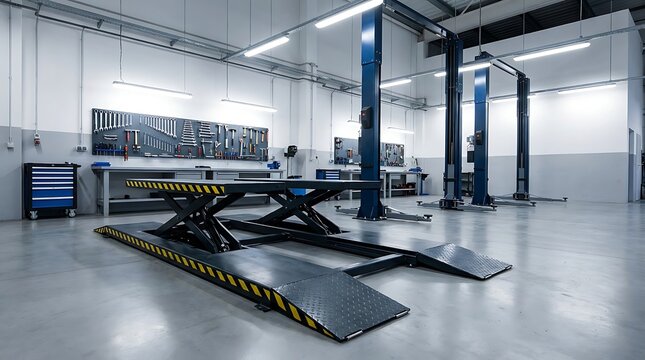 Automotive repair shop with tools, car lifts and workbench.