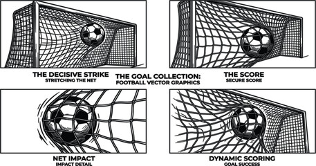 Obraz premium Monochrome Soccer Goal Vector Graphic Collection Showing Detailed Line Art Illustrations of Football Ball Hitting Net for Sports Scoring Banners