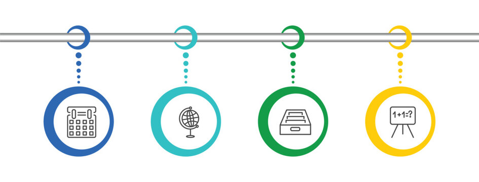 education icon set with monthly calendar, classroom globe, archives, math class signs in flat outline style