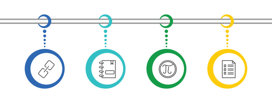 education and science icon set with links, agenda with bookmarks, pi, application form signs in flat outline style